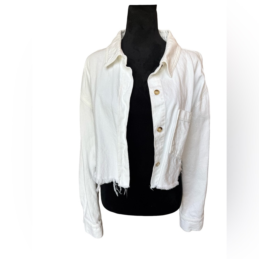 White Cropped Distressed Edge Denim Jacket by Miss Love